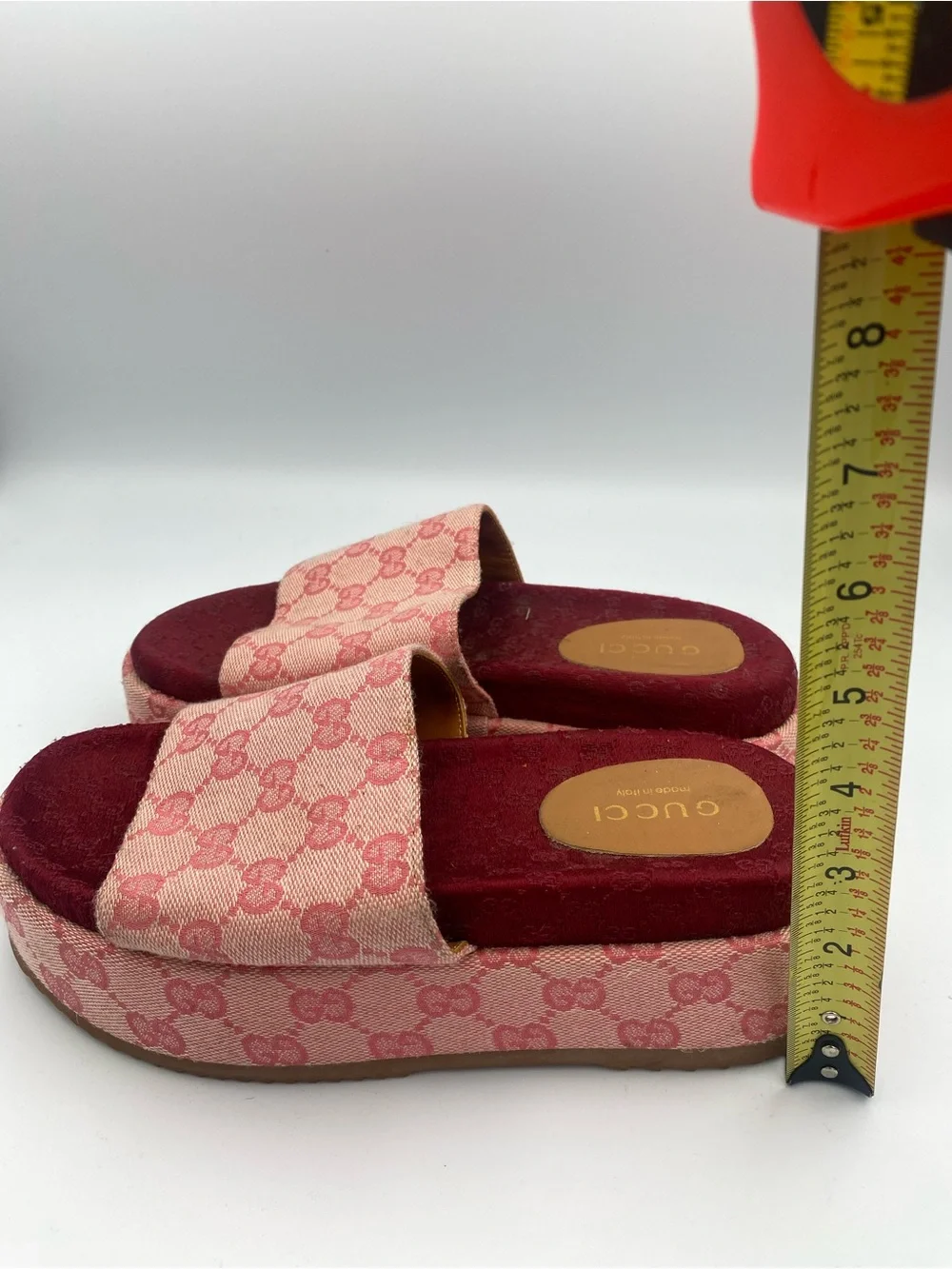 Gucci Pink & Burgundy Monogram Platform Slides
